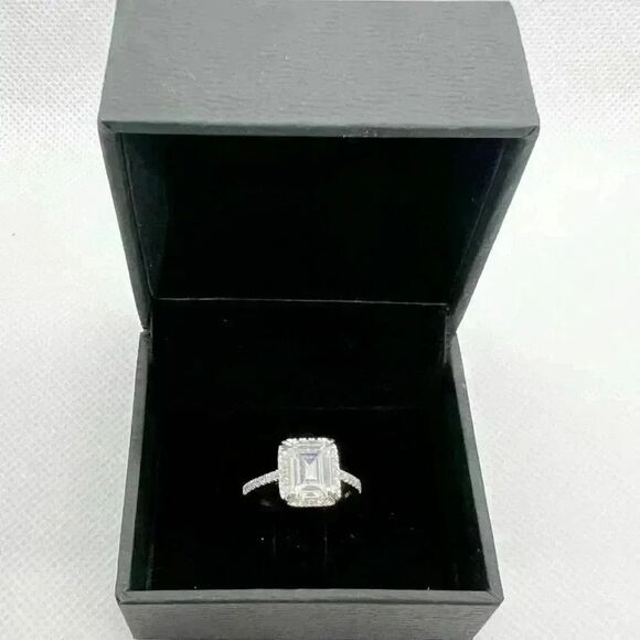 Emerald Cut halo sterling silver cubic zirconia diamond ring - Picture 1 of 2